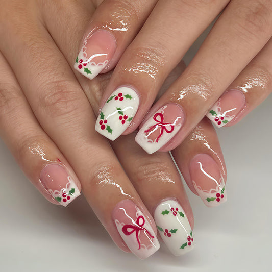 Festive Holiday Short Square White with Red Bow Nail Set