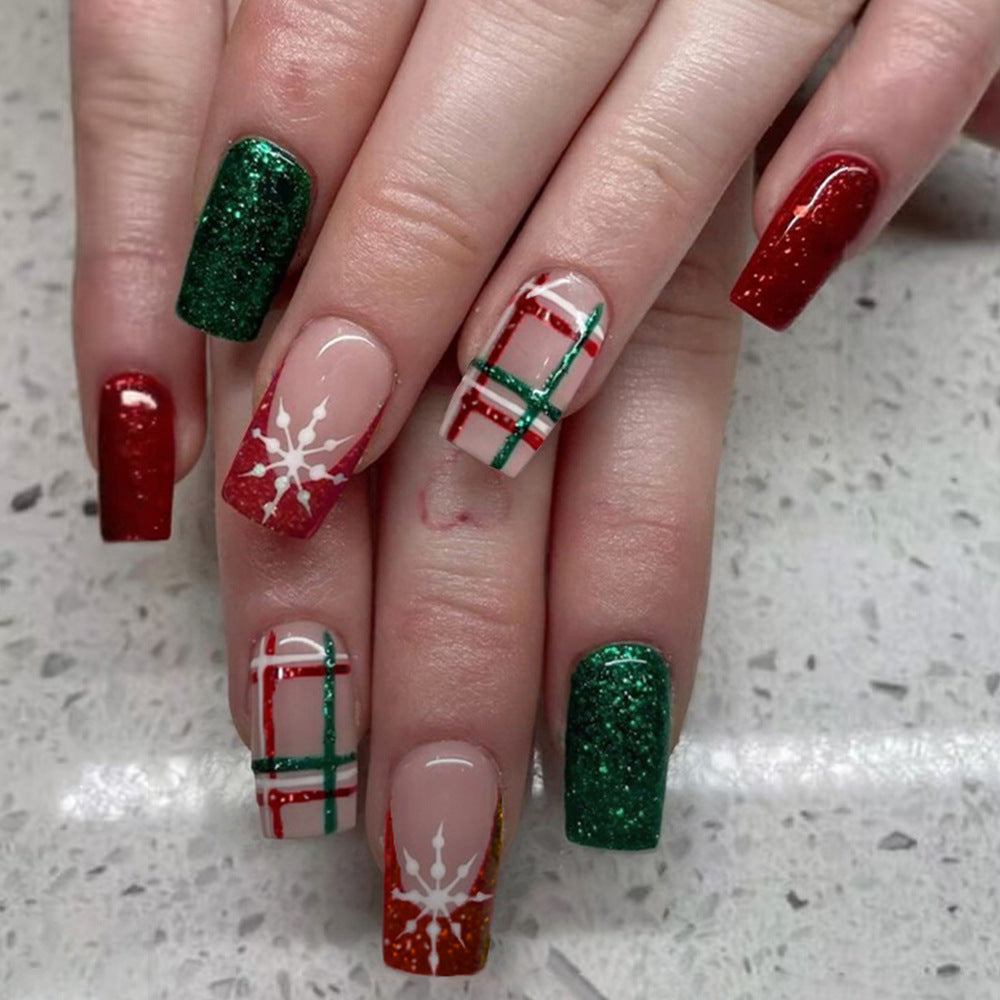 Festive Elegance Long Square Red and Green Glitter Press-On Nail Set with Winter Snowflake Design