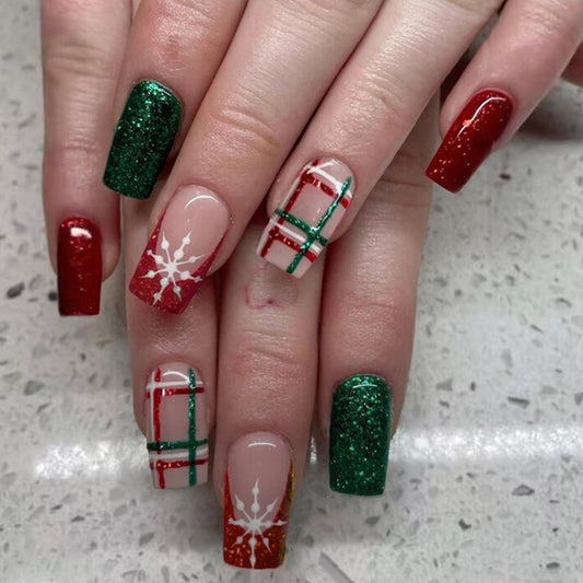 Festive Elegance Long Square Red and Green Glitter Press-On Nail Set with Winter Snowflake Design