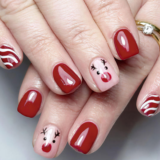 Festive Holiday Short Square Red with Playful Reindeer Design Nail Set