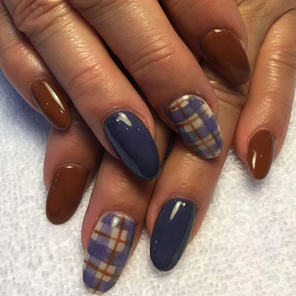 Autumn Vibes Medium Almond Rich Brown and Stylish Plaid Press on Nail Set