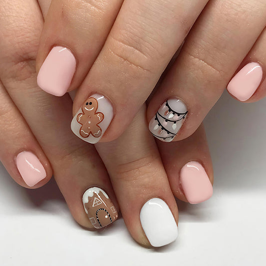 Festive Short Square Pink Press On Nail Set with Gingerbread and Holiday Lights Design
