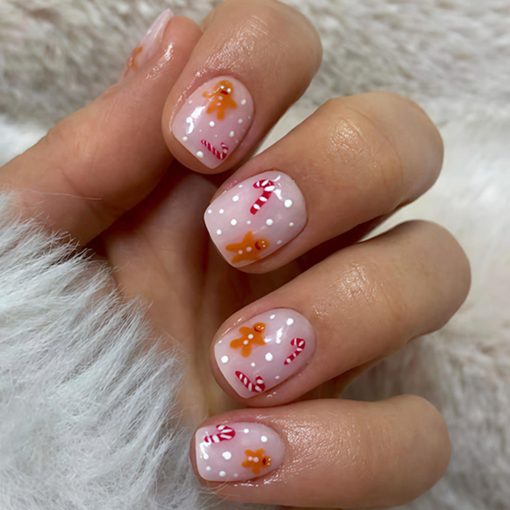 Gingerbread Delight Short Square Pink with Candy Cane and Cookie Design Press on Nail Set
