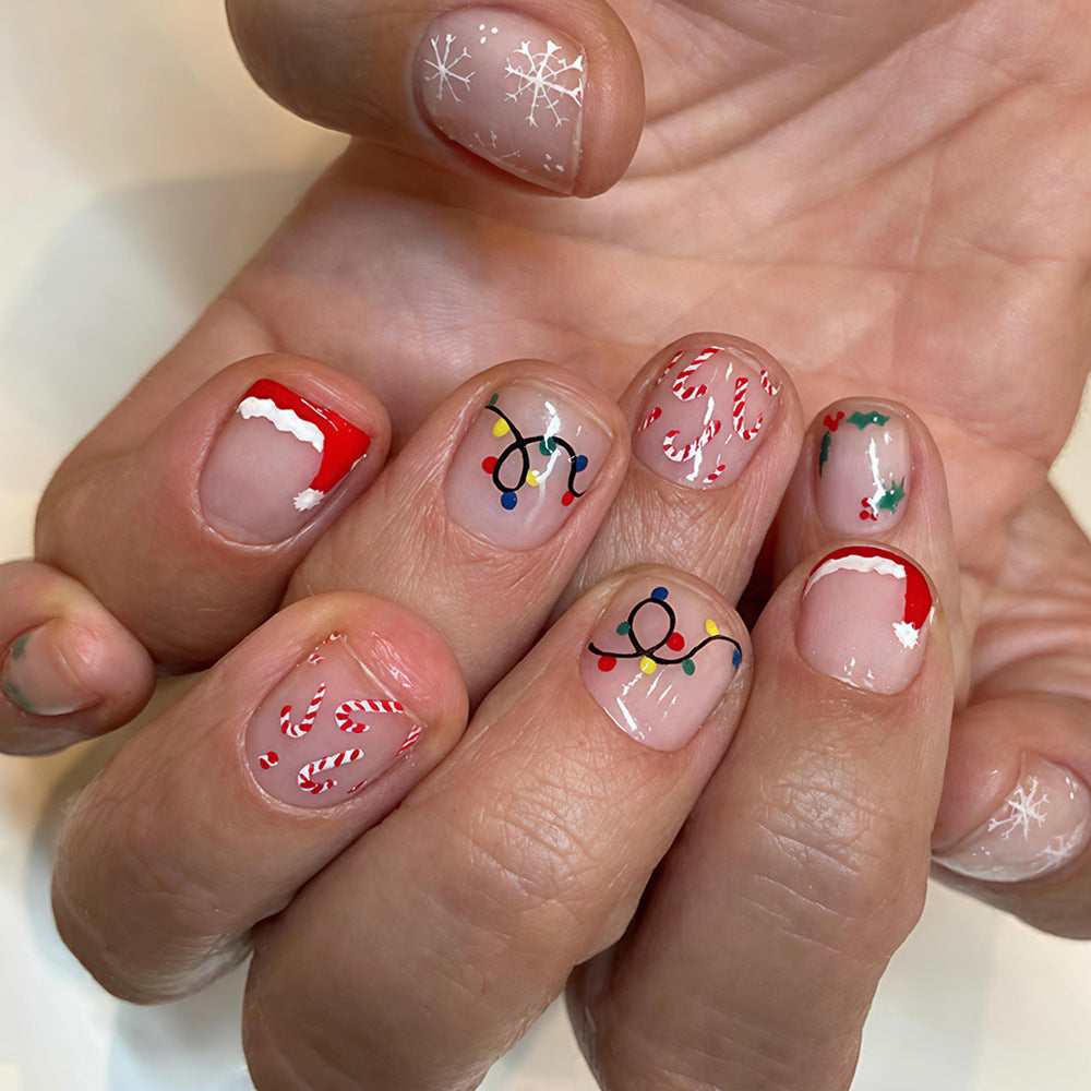 Festive Short Square Red with Snowflake and Candy Cane Design Press-On Nail Set