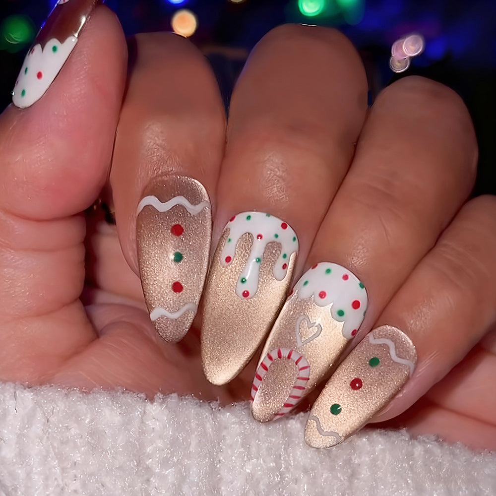 Festive Gingerbread Medium Almond Gold Press on Nail Set with Unique Holiday Design