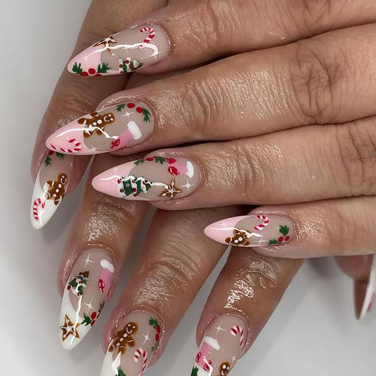 Festive Holiday Medium Almond Pink with Gingerbread Design Press On Nail Set