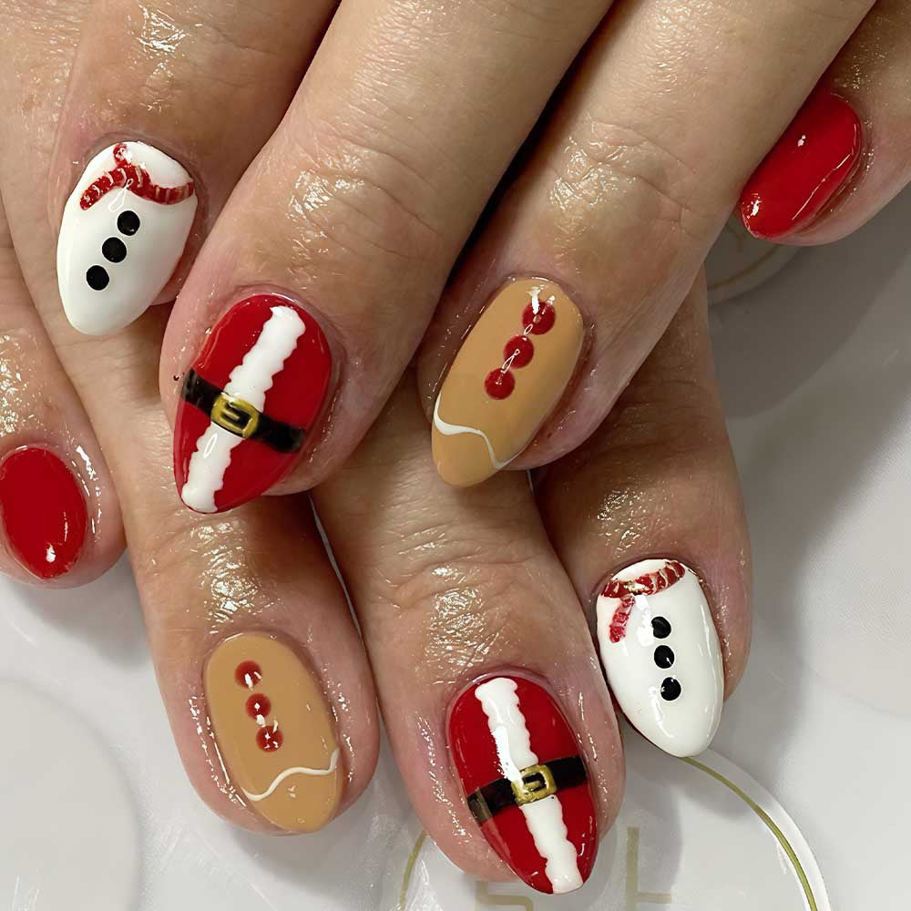 Festive Holiday Medium Almond Red and White Santa Claus Themed Nail Press Set