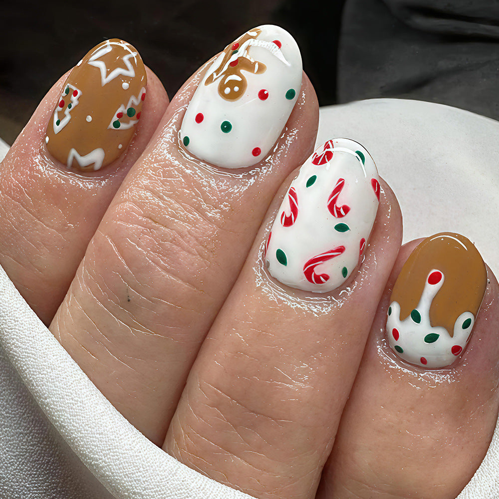 Gingerbread Wonderland Medium Oval Green and Red Festive Design Press On Nail Set