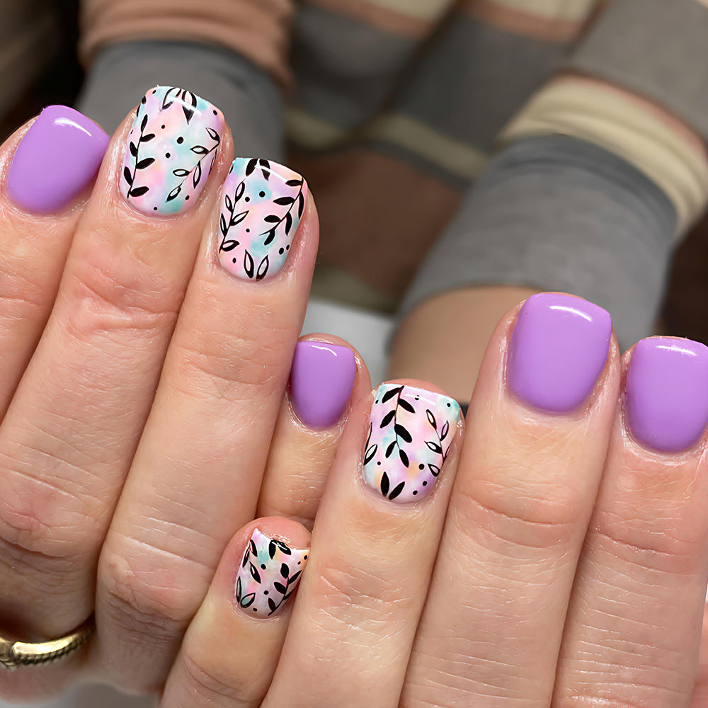 Whimsical Garden Short Square Lavender Press On Nail Set with Leafy Designs