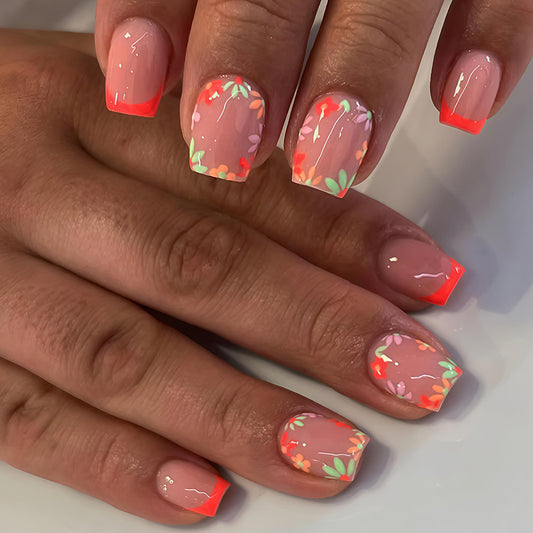 Tropical Floral Short Square Pink Press on Nail Set with Neon Tips