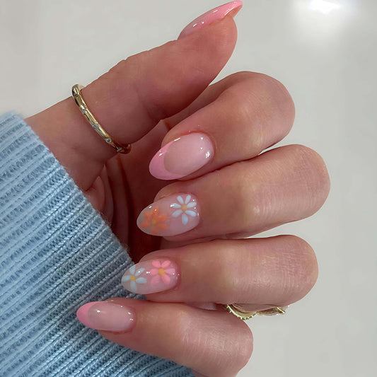 Whimsical Floral Short Almond Pink Gradient Press on Nail Set with Glossy Finish