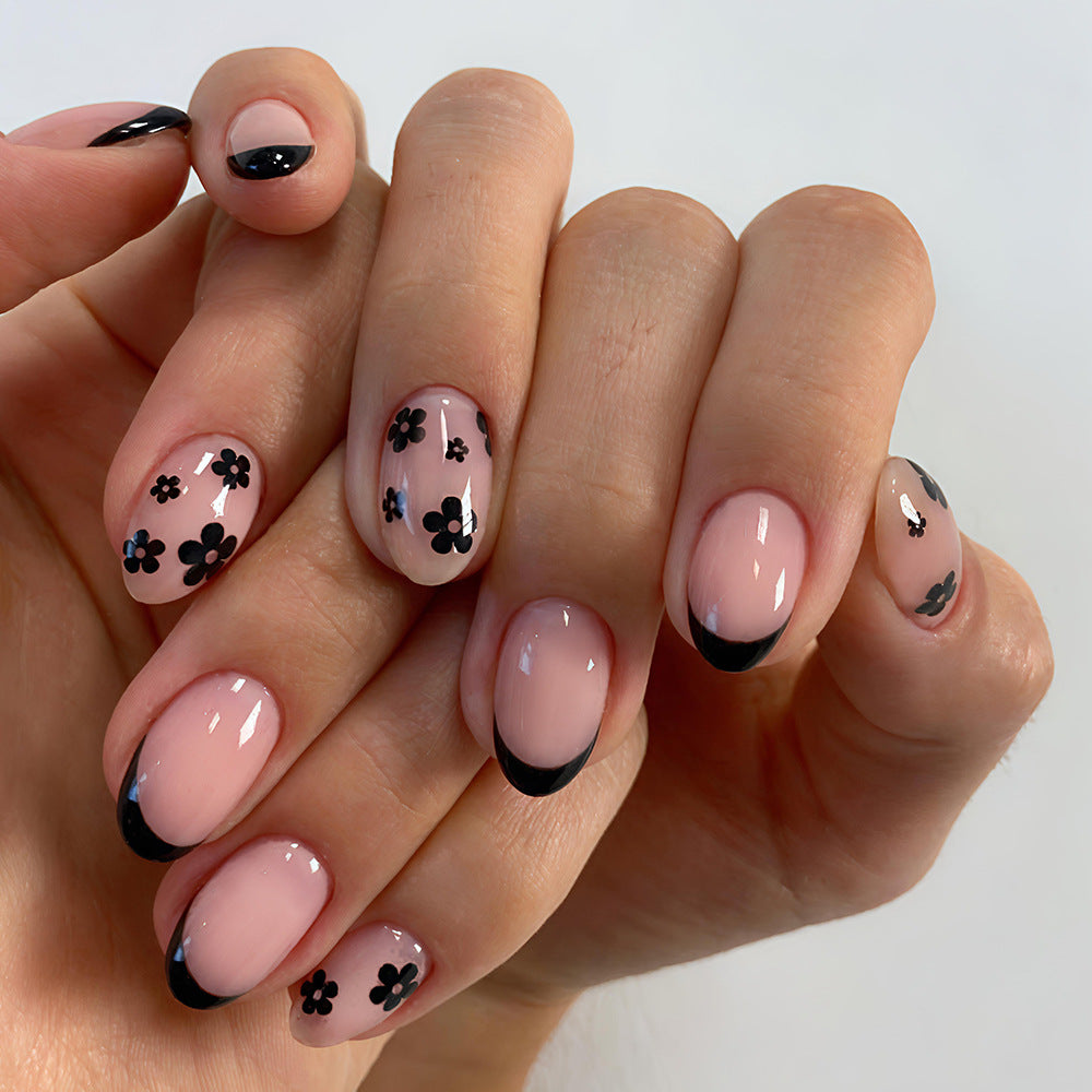 Chic Floral Design Short Round Pink with Black Tips Press On Nail Set