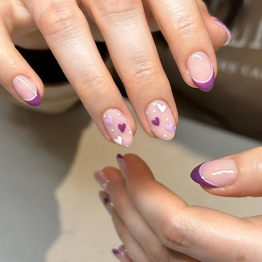 Whimsical Heartbeat Medium Almond Lavender French Tip Press on Nail Set
