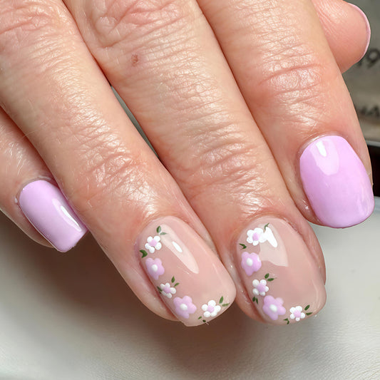 Blooming Lavender Short Square Transparent Floral Design Press-On Nail Set