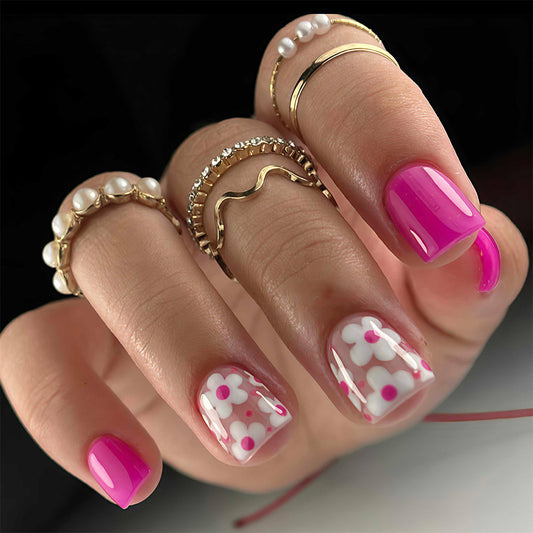 Floral Fantasy Press on Nails Short Square Pink with Fun Flower Design