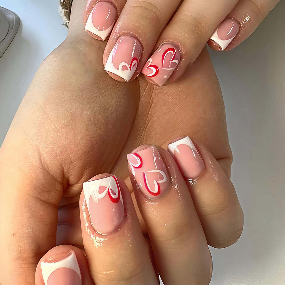 Romantic Heart Trend Short Square Pink with Unique Floral Design Press On Nail Set