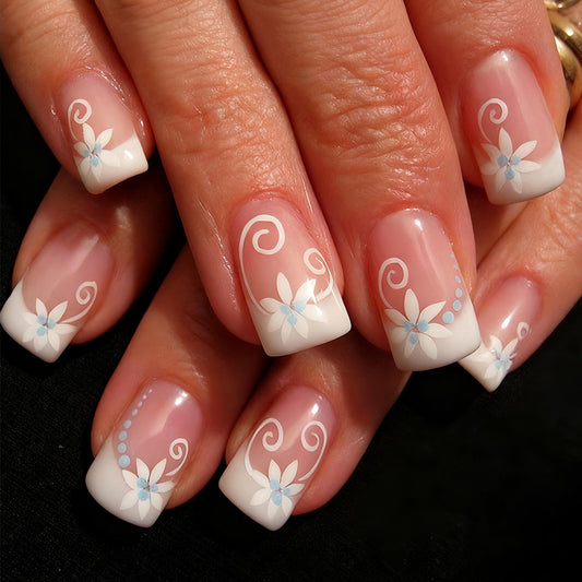 Blossom Elegance Short Square White Floral Design Nail Set