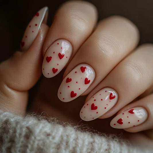 Romantic Heart Theme Medium Almond Beige with Red Heart Design Press On Nail Set