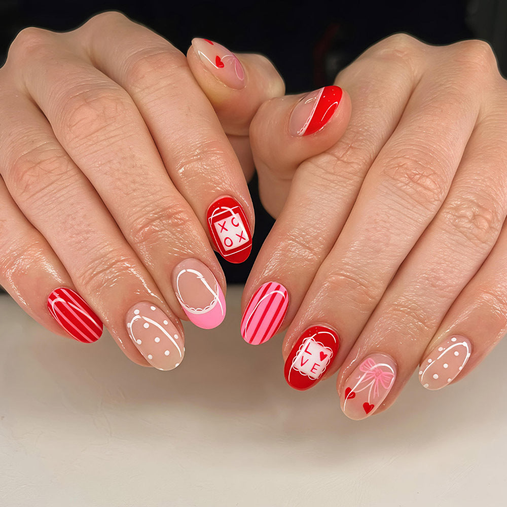 Valentine's Day Inspired Medium Almond Red with Heart Detailing Press On Nail Set