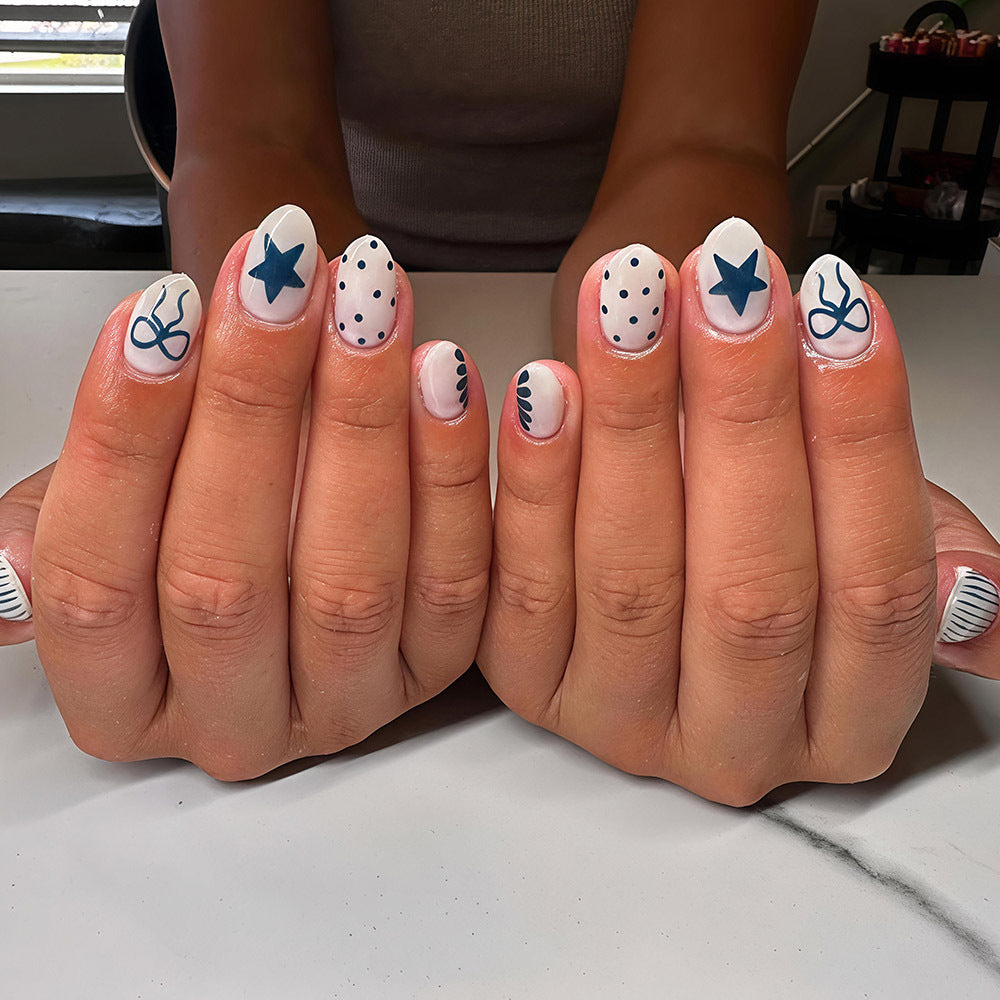 Chic Nautical Medium Almond White with Blue Accents Press On Nail Set