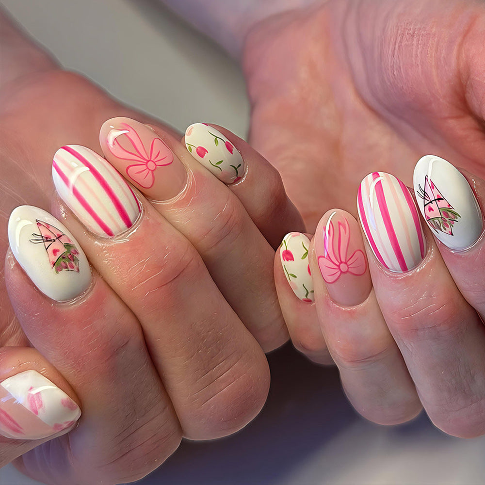 Spring Blossom Medium Almond Pink Floral Design Press-On Nail Set
