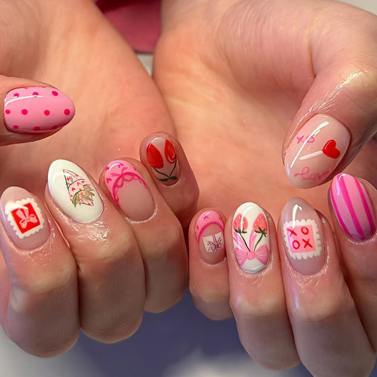 Sweet Romance Medium Oval Pink Floral Nail Set with Whimsical Designs