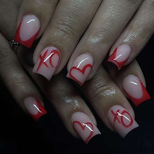 Chic Romance Medium Square Pink and Red Heart Accent Press-On Nail Set