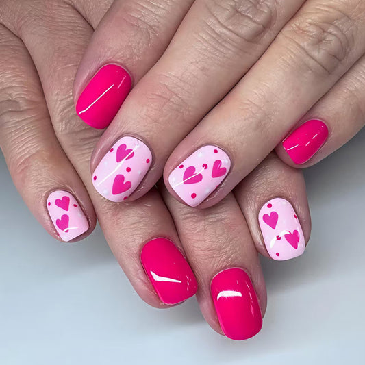 Romantic Medium Square Pink with Heart Patterns Nail Set