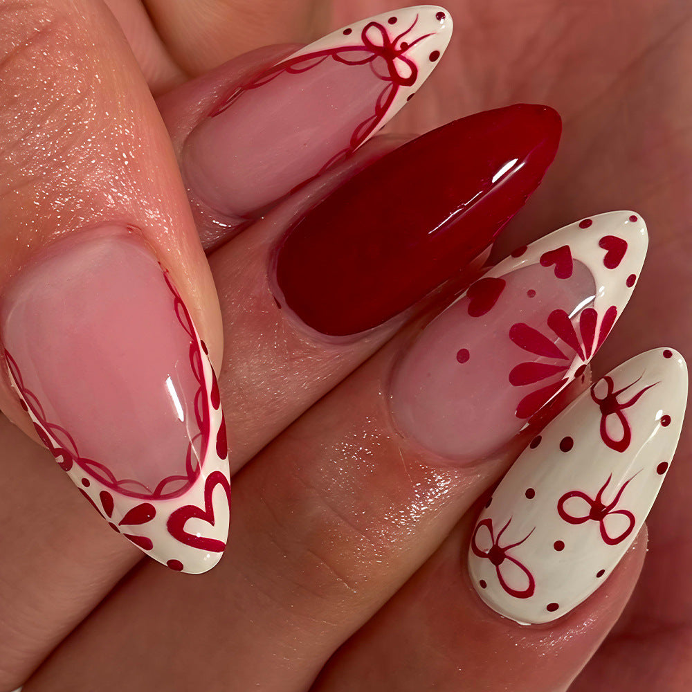 Romantic Floral Medium Almond Red and White Press On Nail Set with Heart Designs