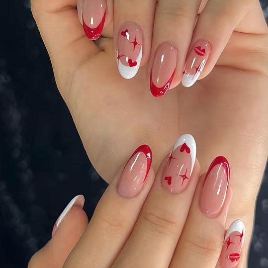 Romantic Medium Almond Red and White Heart Design Press On Nail Set