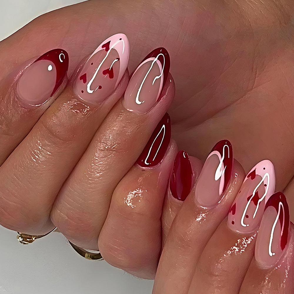 Charming Romance Medium Almond Red and Pink Nail Set with Heart Detailing