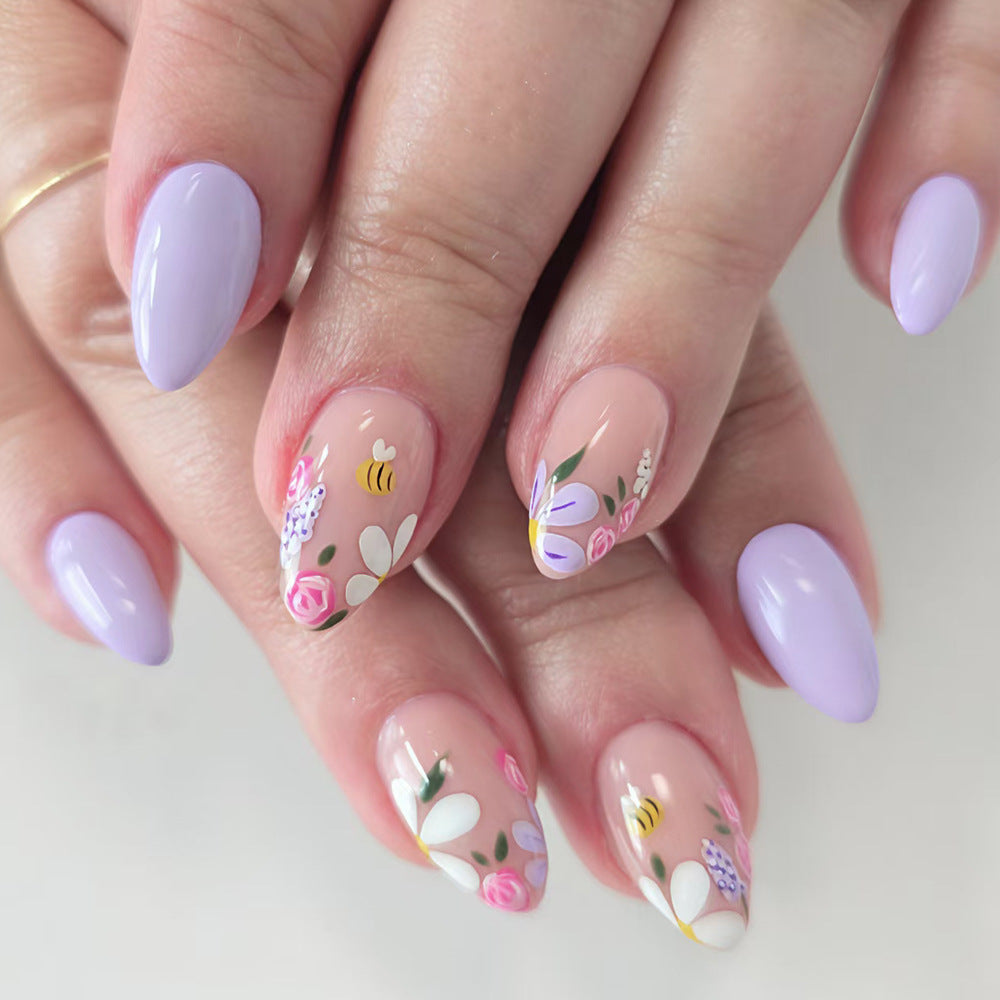 Blooming Lavender Medium Almond Press-On Nail Set with Floral Art