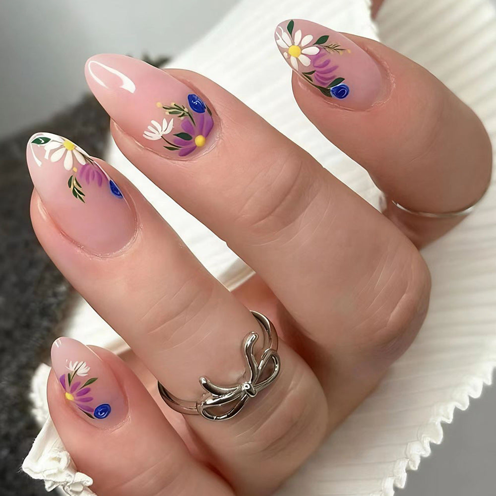 Floral Fantasy Medium Almond Pink Press On Nail Set with Elegant Hand-Painted Designs