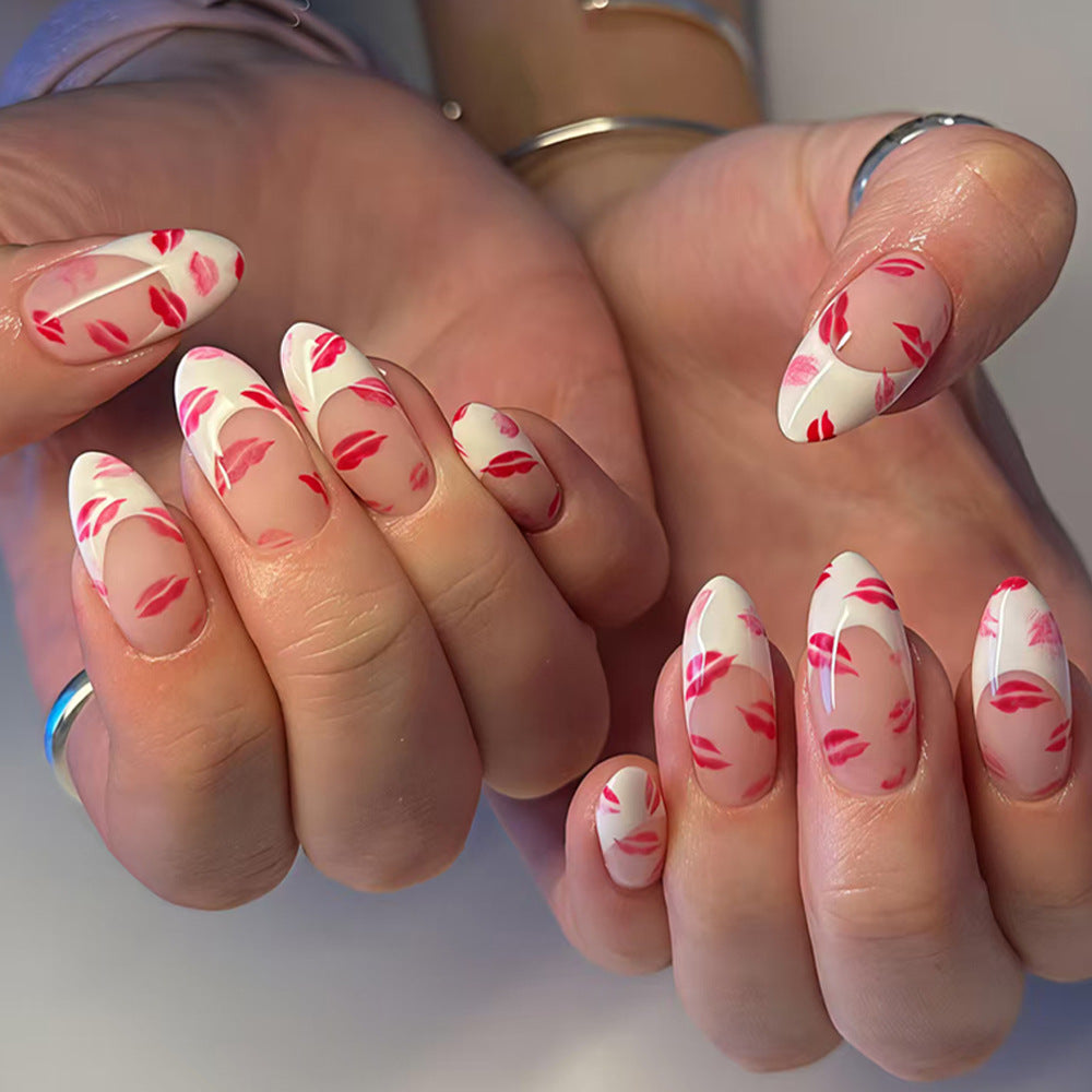 Whimsical Kiss Inspired Medium Almond Pink and White Press On Nail Set with Lip Print Design