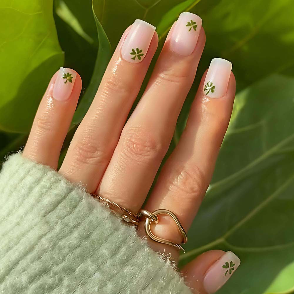 Lucky Charm Short Square Peach Blossom Nail Set with Floral Accents