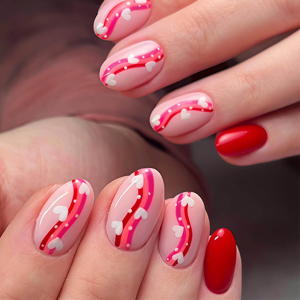 Romantic Medium Almond Pink with Heart Details Press on Nail Set