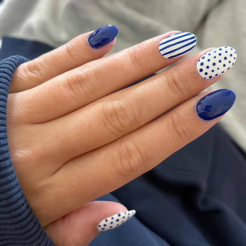 Nautical Vibes Short Oval Navy Blue with Stripes and Dots Press On Nail Set