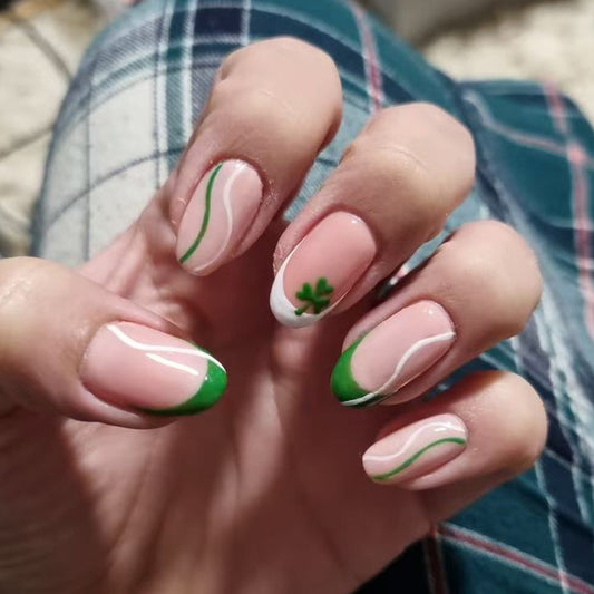 Lucky Green Floral Medium Oval Press On Nail Set with Unique Swirl Design