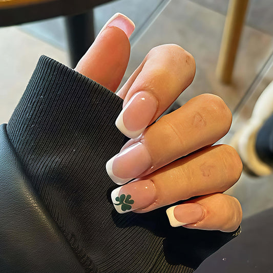 Lucky Clover Long Square Pink Press On Nail Set with Trendy French Tips