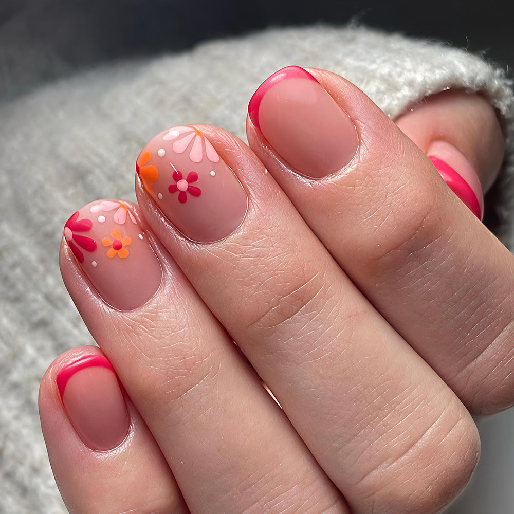 Blooming Floral Short Square Press On Nail Set with Vibrant Hand-Painted Designs