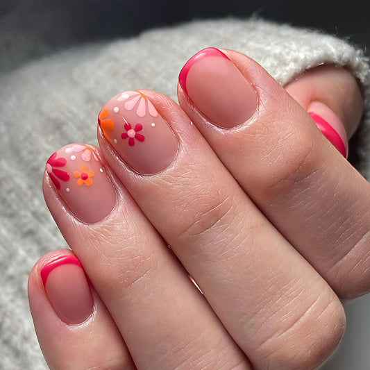 Blooming Floral Short Square Press On Nail Set with Vibrant Hand-Painted Designs