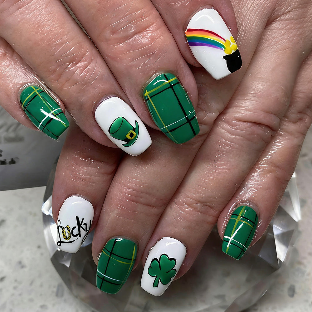Lucky Charm Short Square Green Plaid Design with Rainbow Accent