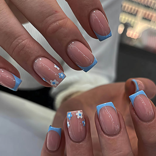 Spring Blossom Short Square Transparent with Blue Tips Nail Set
