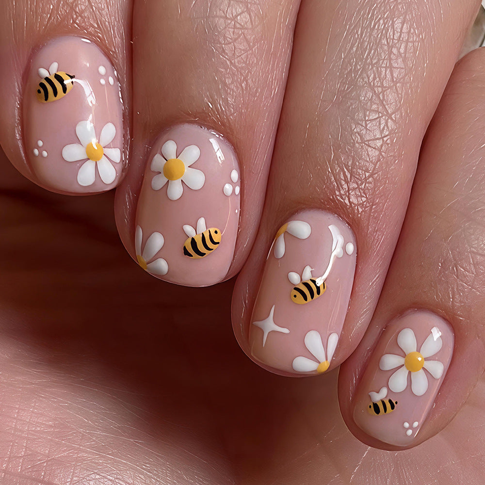 Bee Inspired Long Oval Peachy Nail Set with Floral and Bee Design