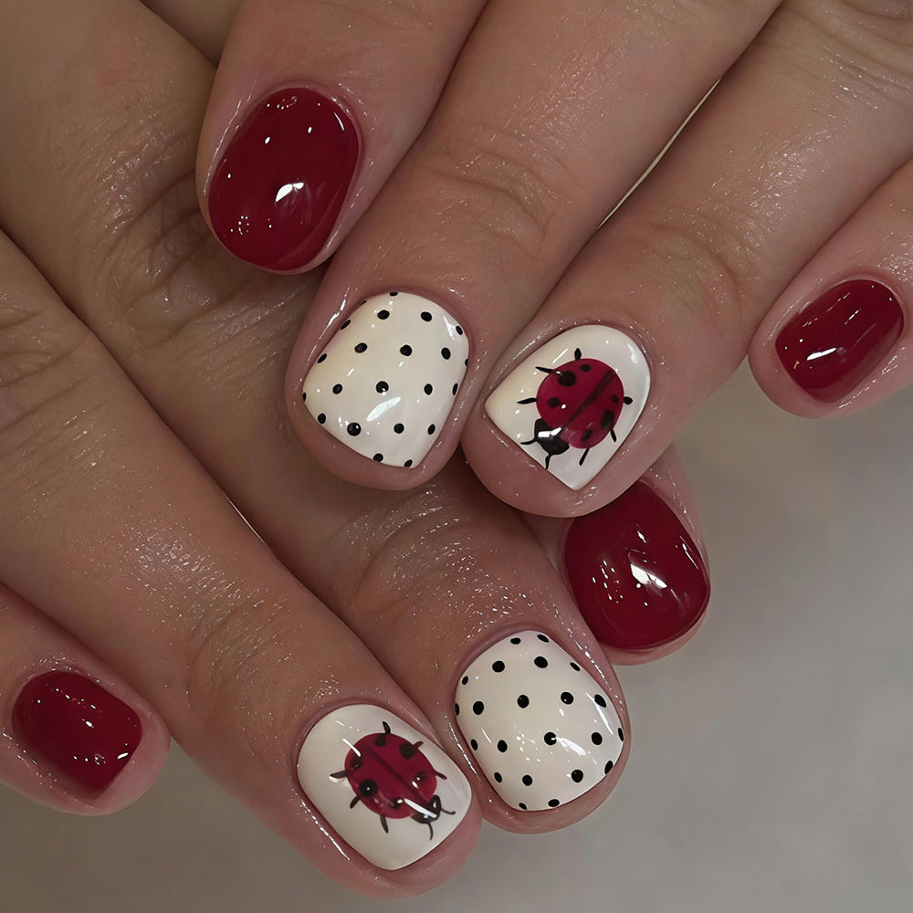 Enchanting Ladybug Inspired Short Square Burgundy and Cream Polka Dot Press On Nail Set