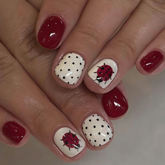 Enchanting Ladybug Inspired Short Square Burgundy and Cream Polka Dot Press On Nail Set