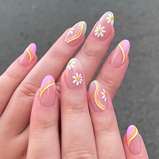 Whimsical Daisy Dream Medium Almond Pink and Yellow Floral Design Press on Nail Set