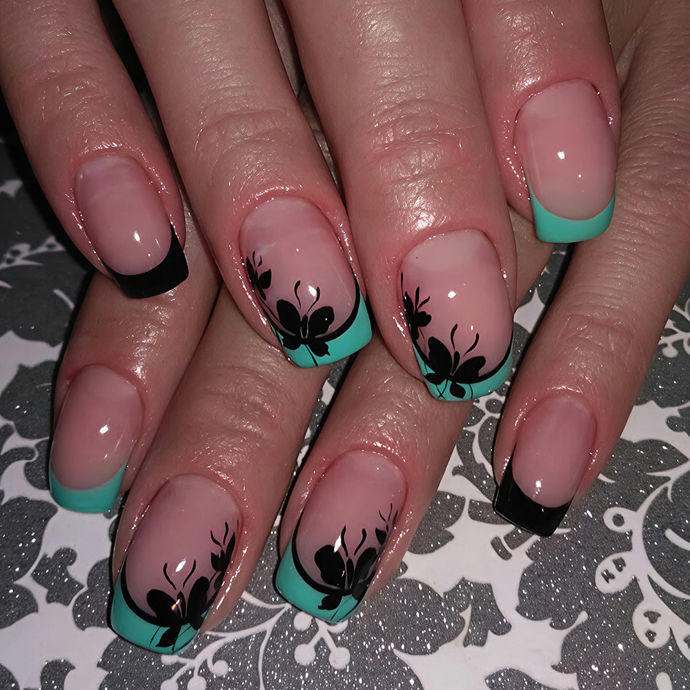 Floral Delight Short Square Mint Green with Black Floral Accent Press On Nail Set