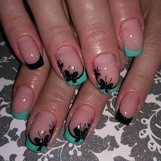 Floral Delight Short Square Mint Green with Black Floral Accent Press On Nail Set