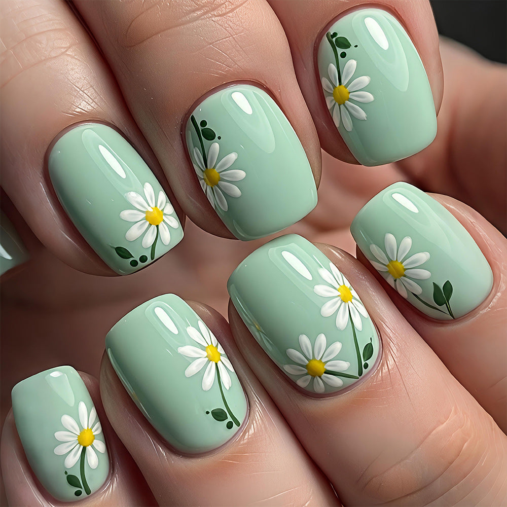 Spring Blossom Short Square Mint Green Floral Press On Nail Set